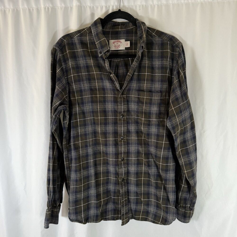 Brooks Brothers Flannel Shirt Men's Medium Plaid Brown XSlim All Cotton Pocket